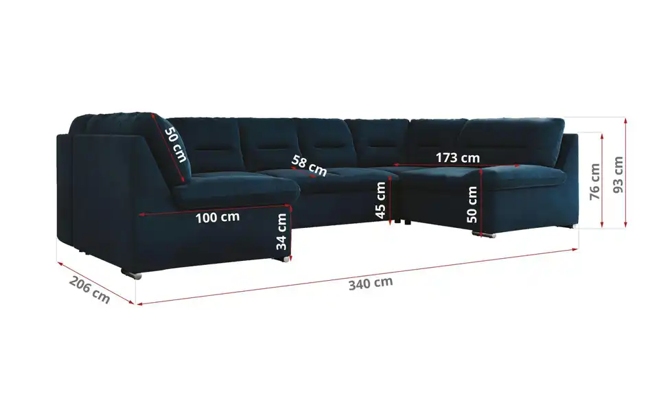 Wohnlandschaft Dunkelblau, Bemaßung