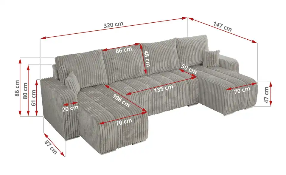 Wohnlandschaft Grau, Bemaßung
