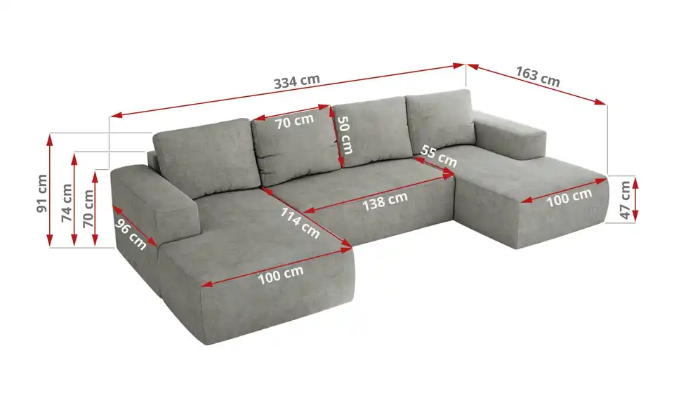 Wohnlandschaft Hellgrau, Bemaßung
