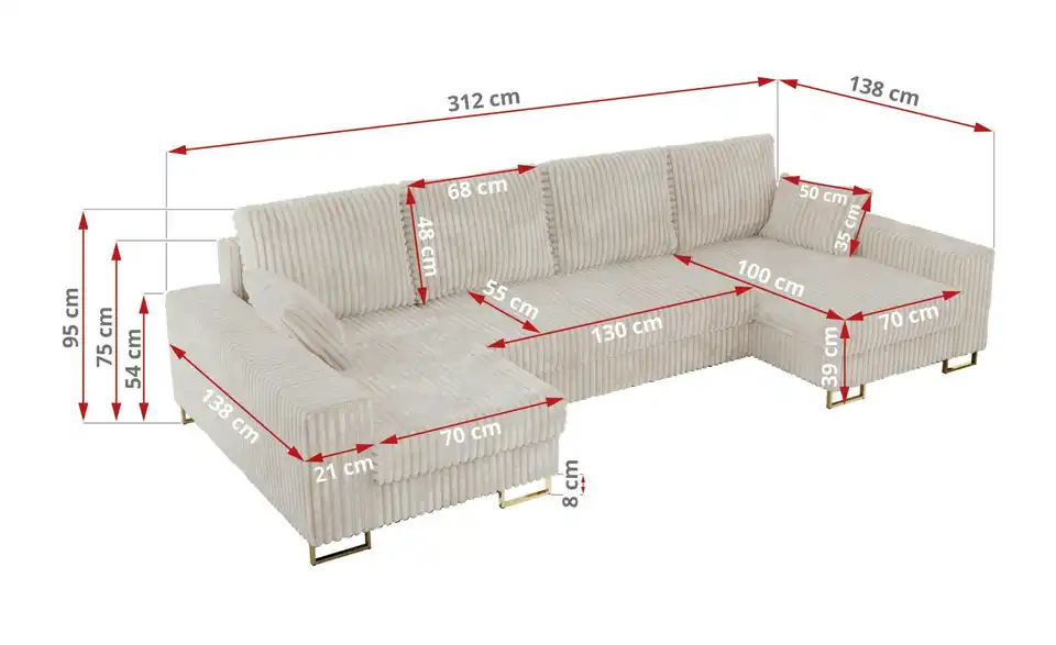 Wohnlandschaft Beige, Bemaßung