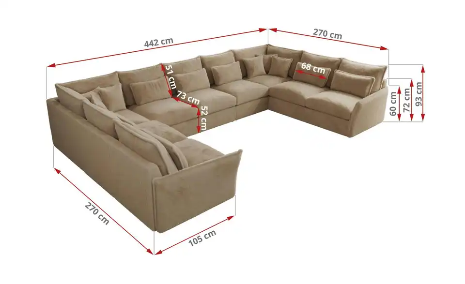 Wohnlandschaft Beige, Bemaßung