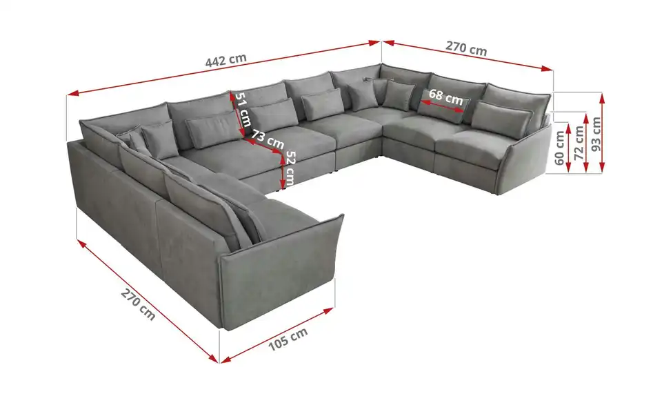 Wohnlandschaft Perlgrau, Bemaßung