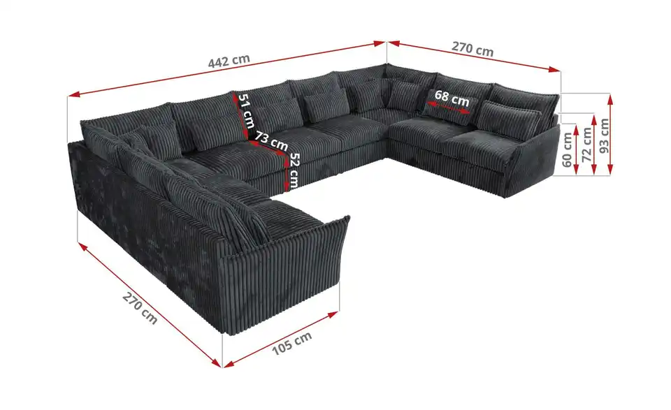 Wohnlandschaft Lavagrau, Bemaßung