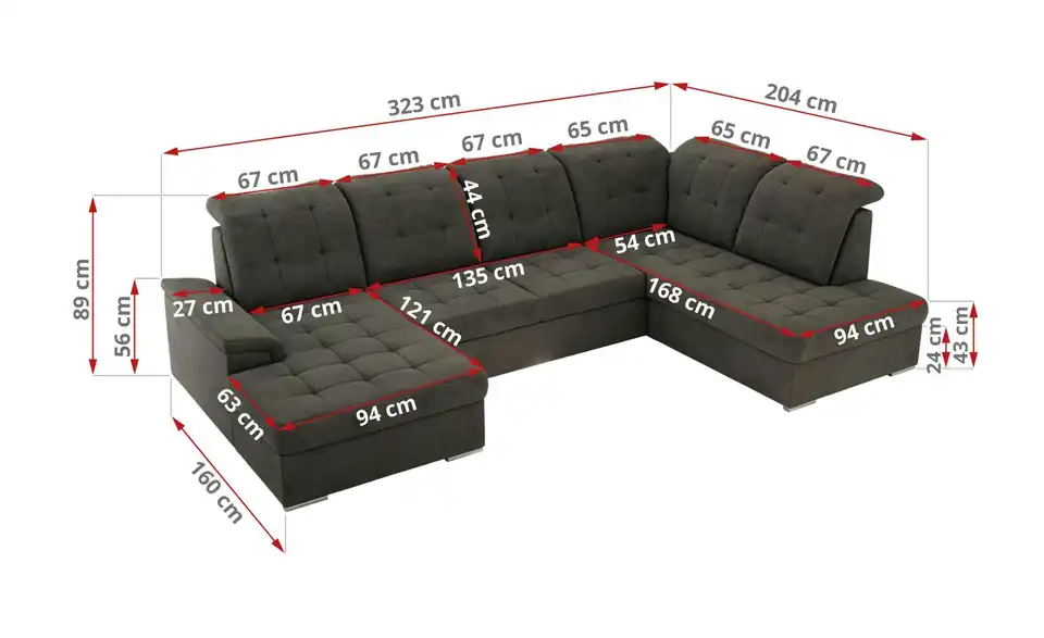 Wohnlandschaft Madrito mit Schlaffunktion, Bemaßung