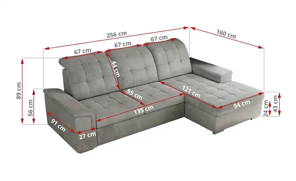Ecksofa Madrito mit Schlaffunktion, Bemaßung
