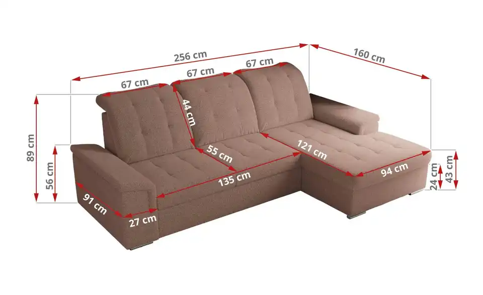 Ecksofa Madrito mit Schlaffunktion, Bemaßung