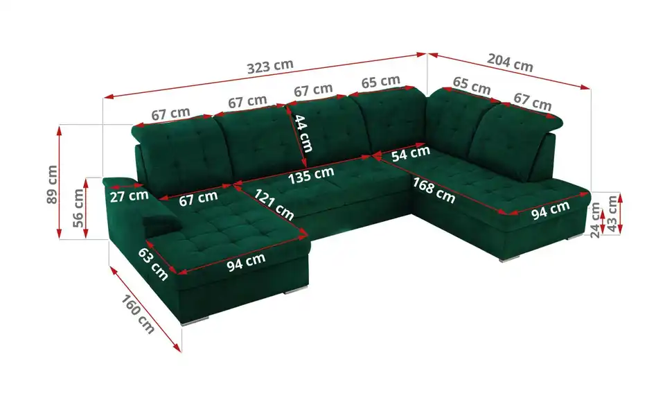 Wohnlandschaft Madrito mit Schlaffunktion, Bemaßung