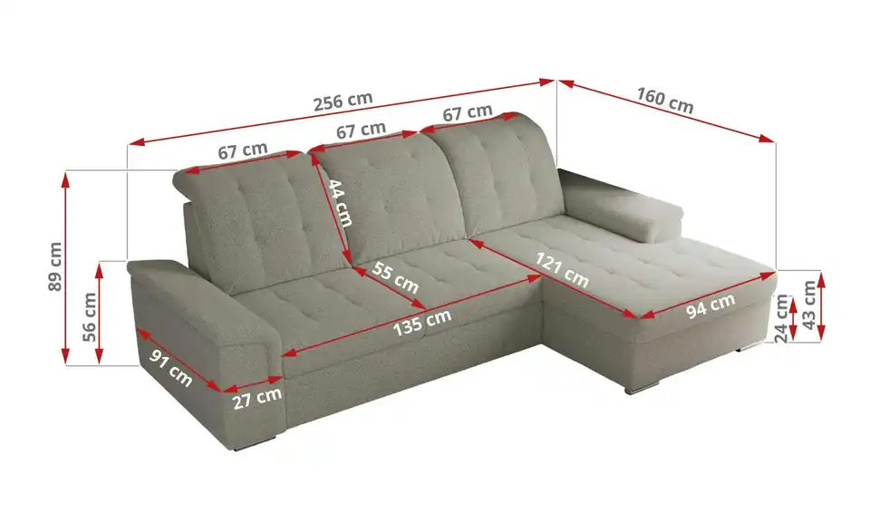 Ecksofa Madrito mit Schlaffunktion, Bemaßung