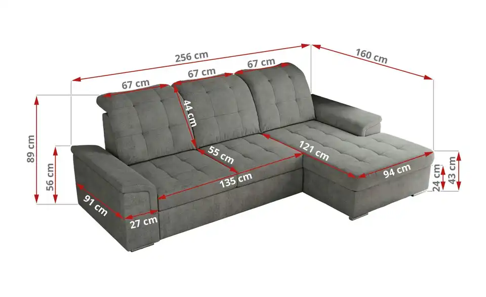 Ecksofa Madrito mit Schlaffunktion, Bemaßung