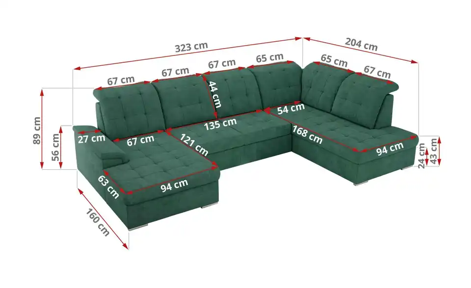 Wohnlandschaft Madrito mit Schlaffunktion, Bemaßung