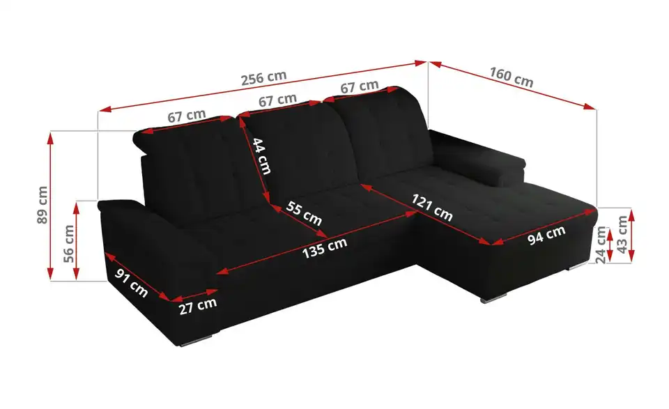 Ecksofa Madrito mit Schlaffunktion, Bemaßung