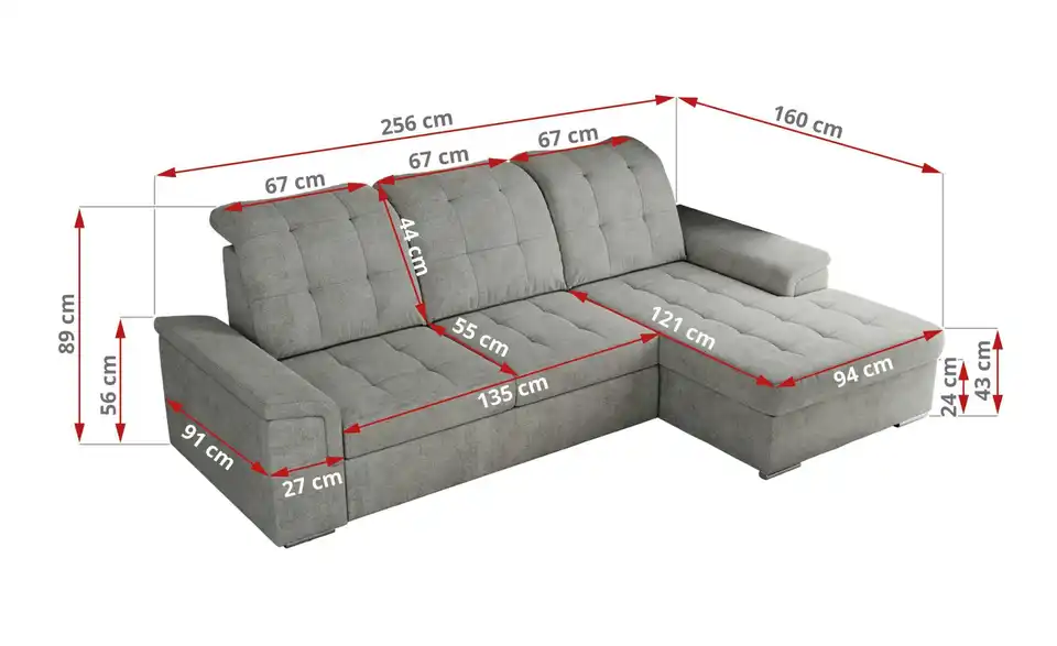 Ecksofa Madrito mit Schlaffunktion, Bemaßung