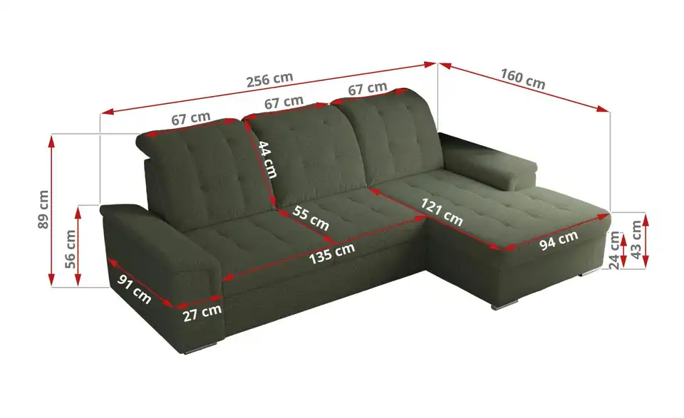Ecksofa Madrito mit Schlaffunktion, Bemaßung