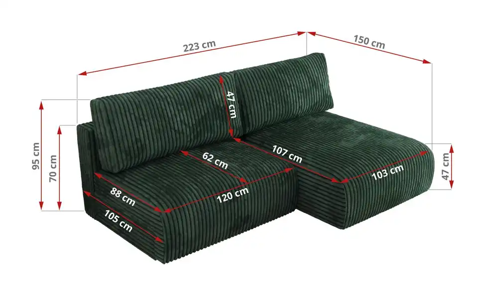 Ecksofa Vivo mit Schlaffunktion, Bemaßung
