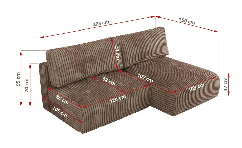 Ecksofa Vivo mit Schlaffunktion, Bemaßung