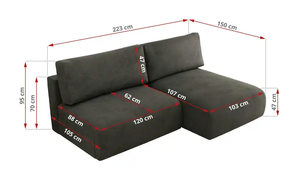 Ecksofa Vivo mit Schlaffunktion, Bemaßung