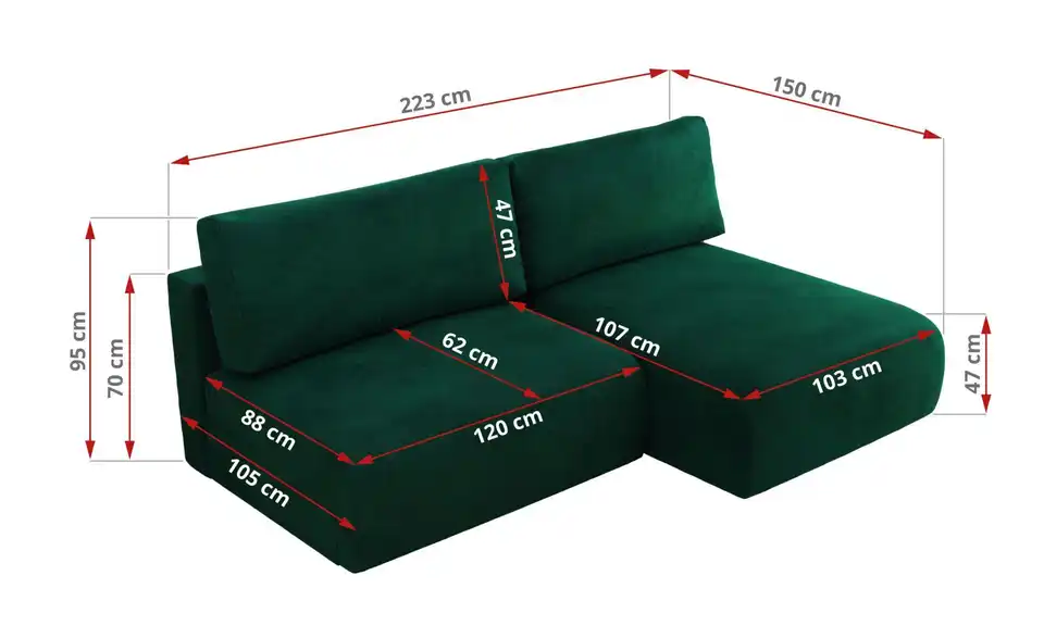 Ecksofa Vivo mit Schlaffunktion, Bemaßung