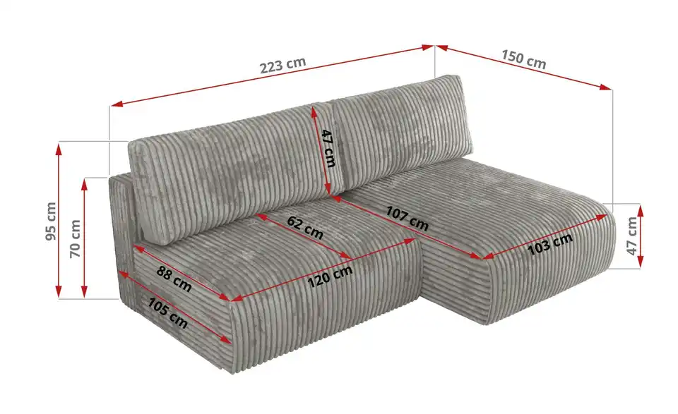 Ecksofa Vivo mit Schlaffunktion, Bemaßung