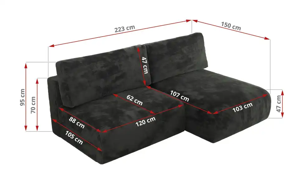 Ecksofa Vivo mit Schlaffunktion, Bemaßung
