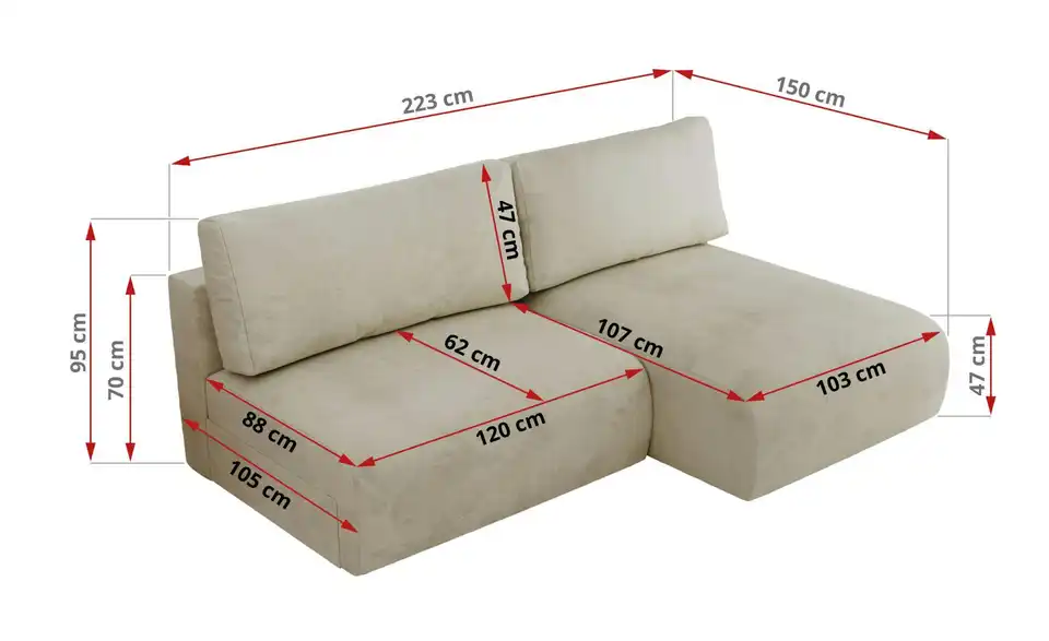 Ecksofa Vivo mit Schlaffunktion, Bemaßung