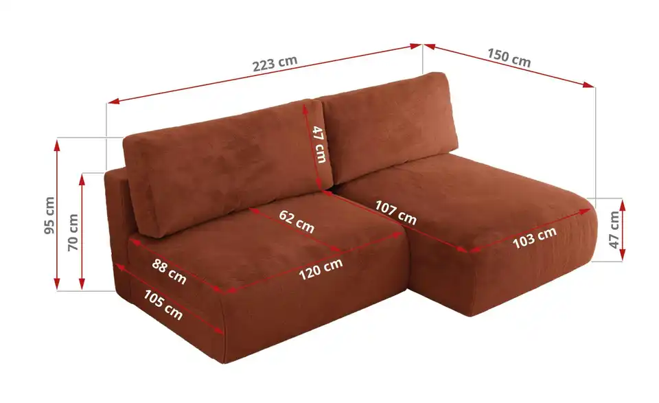 Ecksofa Vivo mit Schlaffunktion, Bemaßung