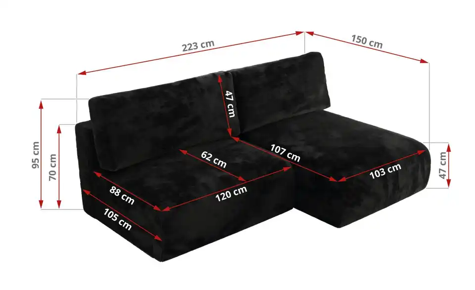 Ecksofa Vivo mit Schlaffunktion, Bemaßung