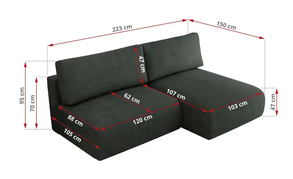 Ecksofa Vivo mit Schlaffunktion, Bemaßung