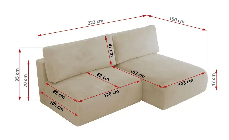 Ecksofa Vivo mit Schlaffunktion, Bemaßung