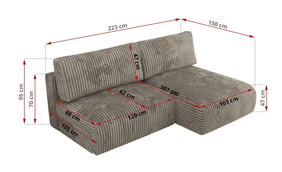 Ecksofa Vivo mit Schlaffunktion, Bemaßung