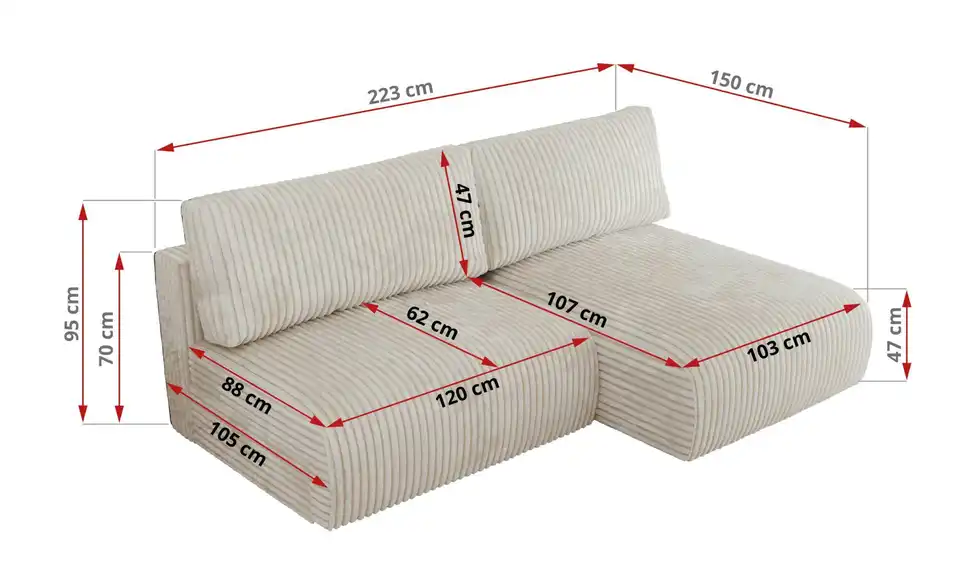 Ecksofa Vivo mit Schlaffunktion, Bemaßung
