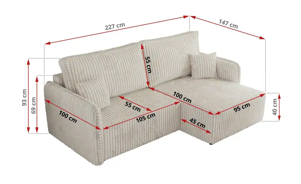 Ecksofa Beige, Bemaßung