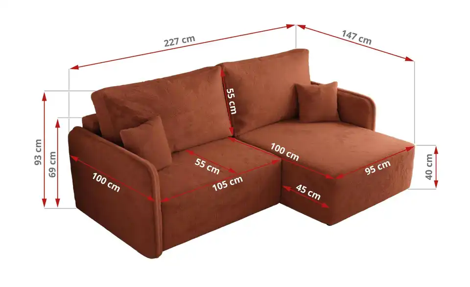 Ecksofa Orange, Bemaßung