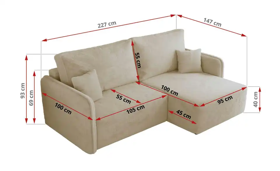 Ecksofa Creme, Bemaßung