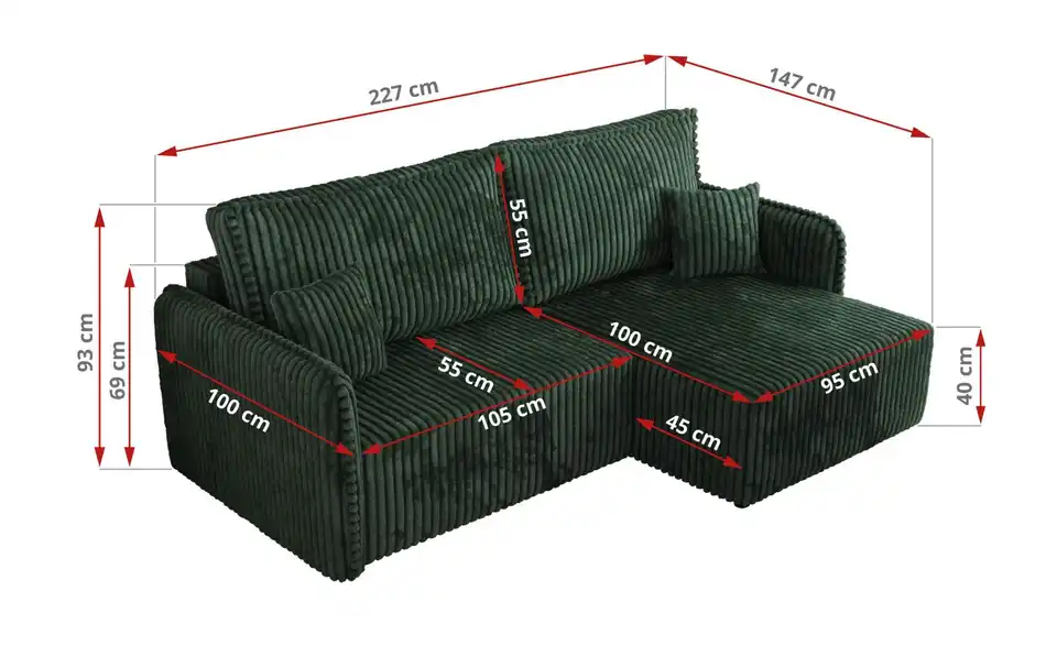 Ecksofa Grün, Bemaßung