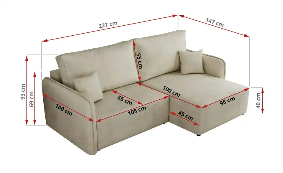 Ecksofa Beige, Bemaßung