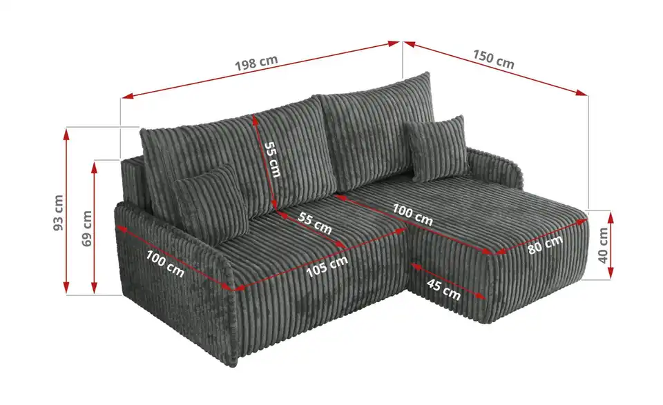 Ecksofa Arpa mit Schlaffunktion, Bemaßung
