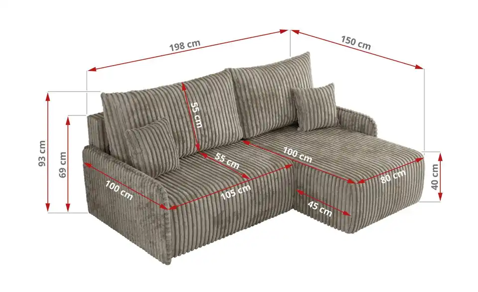 Ecksofa Arpa mit Schlaffunktion, Bemaßung