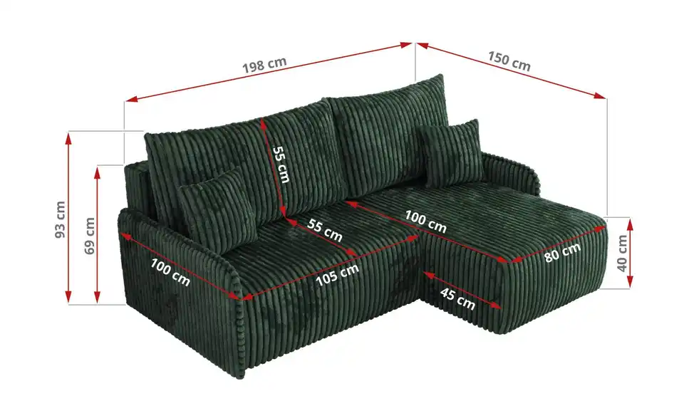Ecksofa Arpa mit Schlaffunktion, Bemaßung