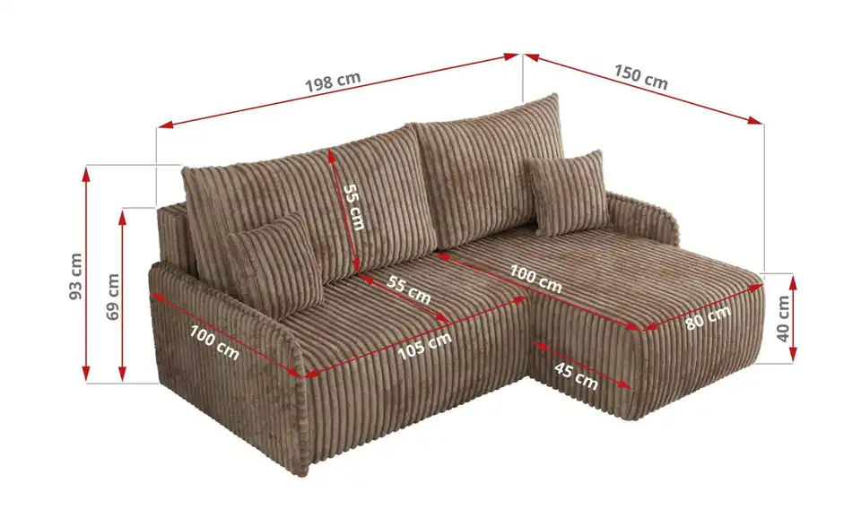 Ecksofa Arpa mit Schlaffunktion, Bemaßung