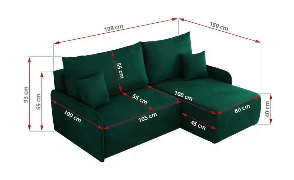 Ecksofa Arpa mit Schlaffunktion, Bemaßung