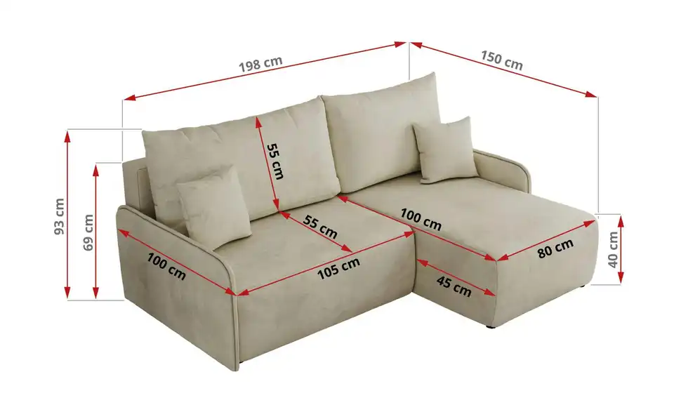 Ecksofa Arpa mit Schlaffunktion, Bemaßung