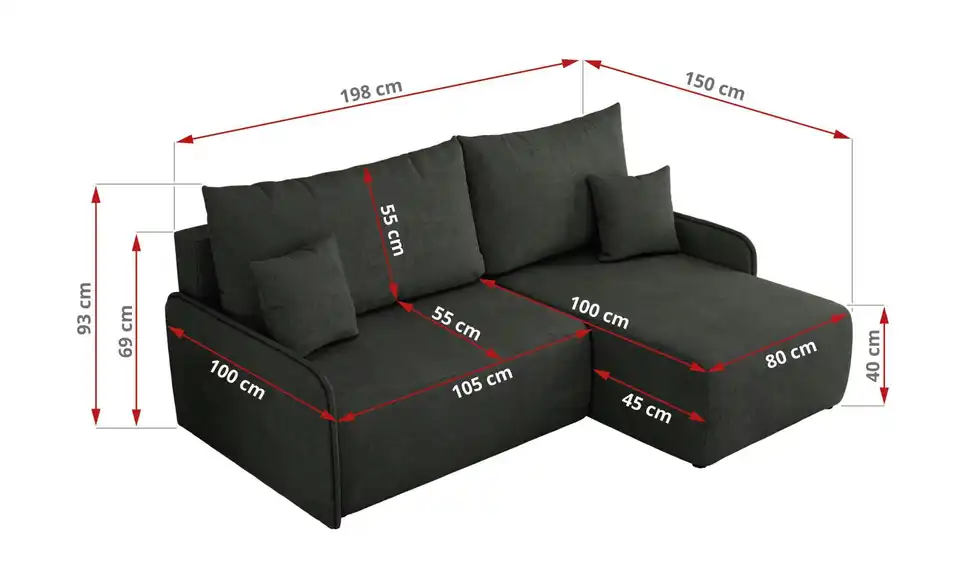 Ecksofa Arpa mit Schlaffunktion, Bemaßung