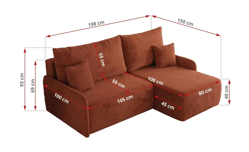 Ecksofa Arpa mit Schlaffunktion, Bemaßung