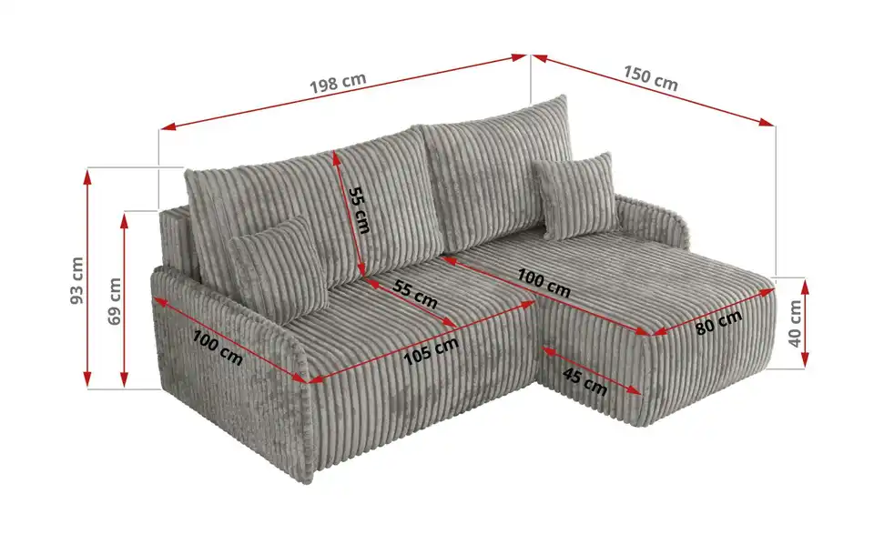 Ecksofa Arpa mit Schlaffunktion, Bemaßung