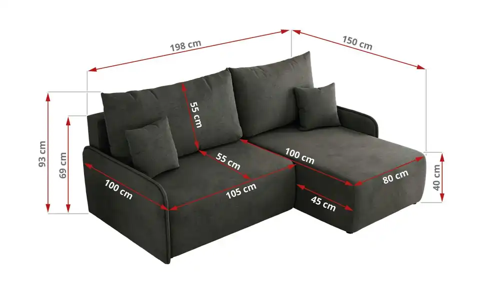 Ecksofa Arpa mit Schlaffunktion, Bemaßung