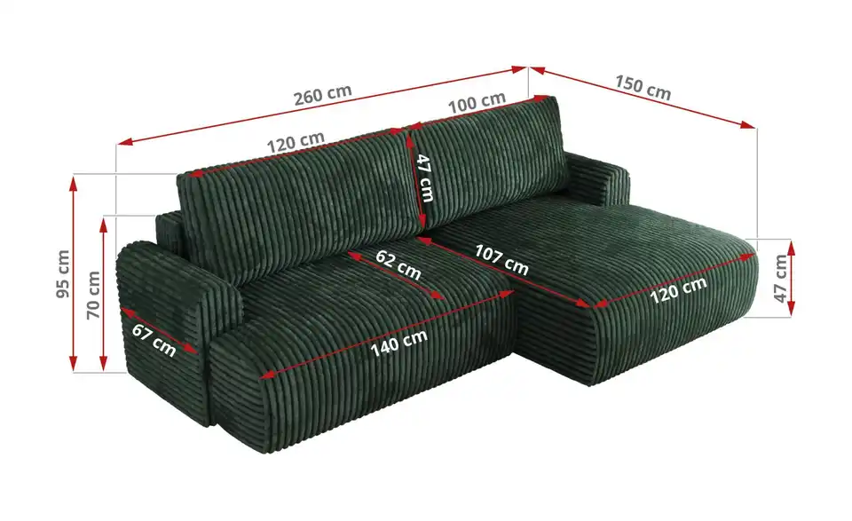 Ecksofa Tono mit Schlaffunktion, Bemaßung