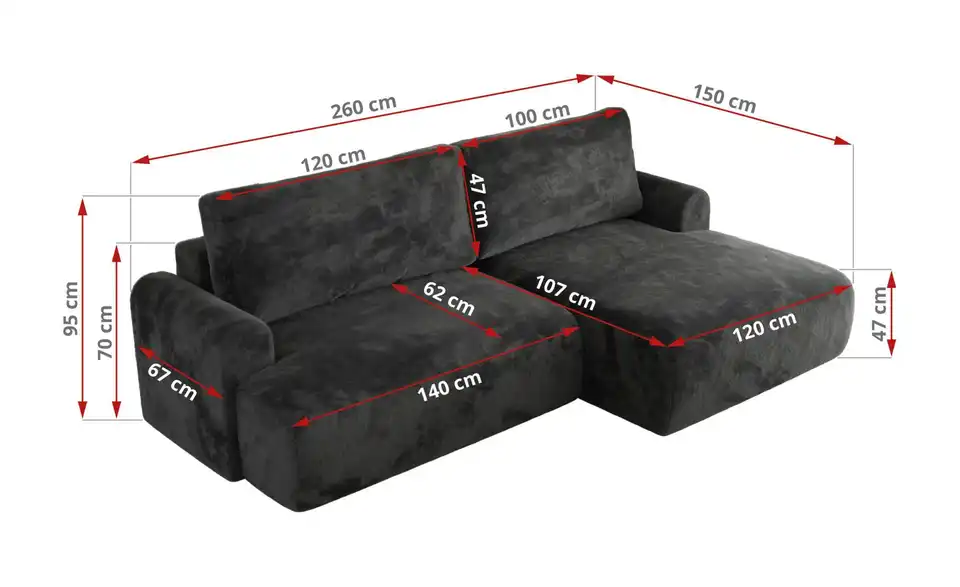 Ecksofa Tono mit Schlaffunktion, Bemaßung