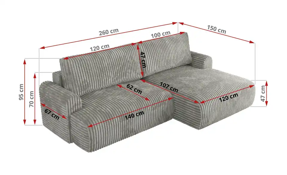 Ecksofa Tono mit Schlaffunktion, Bemaßung