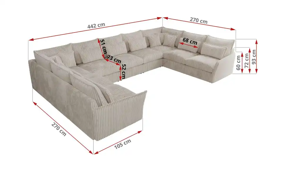 Wohnlandschaft Hellbeige, Bemaßung