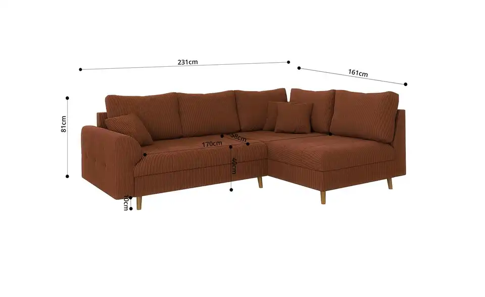 Ecksofa mit Hocker Maya, Bemaßung